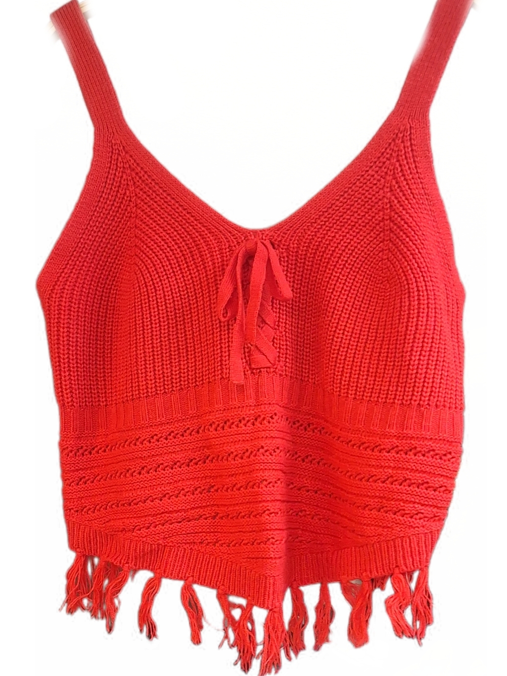Boho, Crochet, Red, Cropped, Fringe, Tank With Tie Up Front Size L
